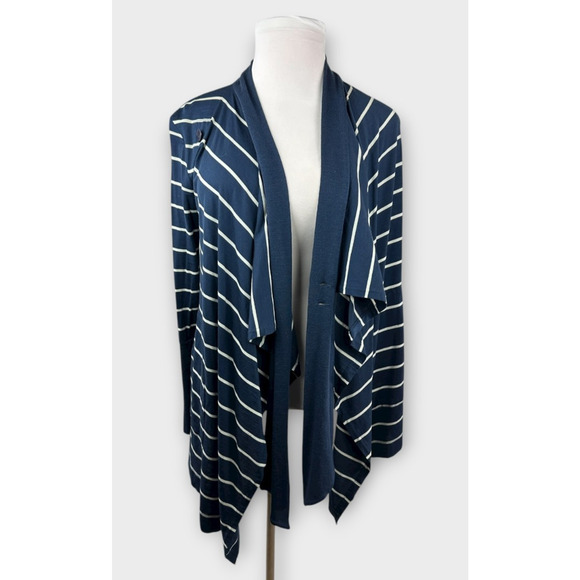 Icebreaker Bliss Wrap Merino Wool Cardigan Navy White Striped Tie Button Medium - Picture 16 of 16